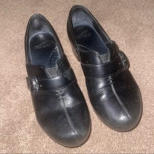 Dansko Black Leather Tamara Belted Clogs Size 36